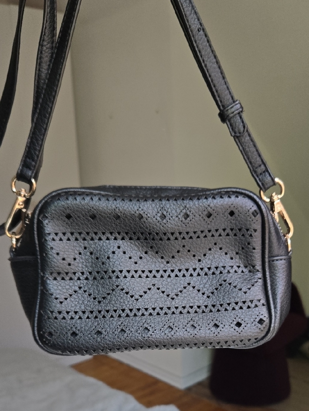 Black Vegan Leather Perforated Crossbody Bag - Classic Women's Shoulder Bag